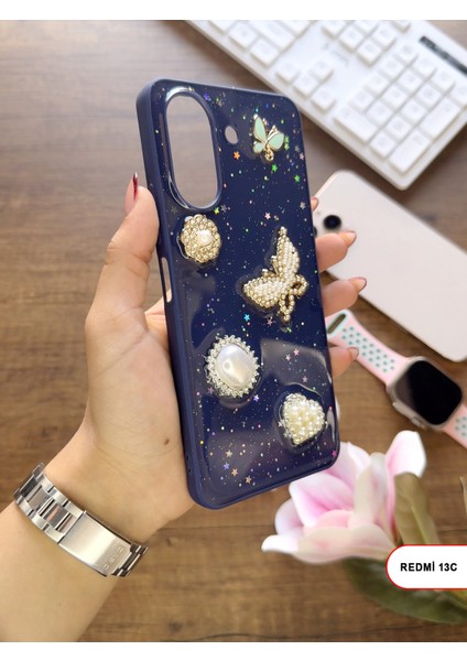 Redmi 13C Uyumlu Kelebekli Taşlı Simli Kalpli Wish Silikon Telefon Kılıfı fiyatları