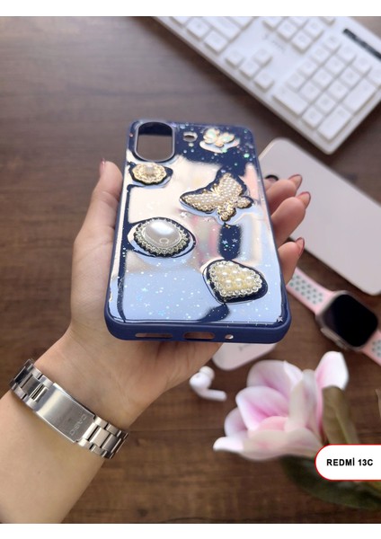 Redmi 13C Uyumlu Kelebekli Taşlı Simli Kalpli Wish Silikon Telefon Kılıfı modelleri