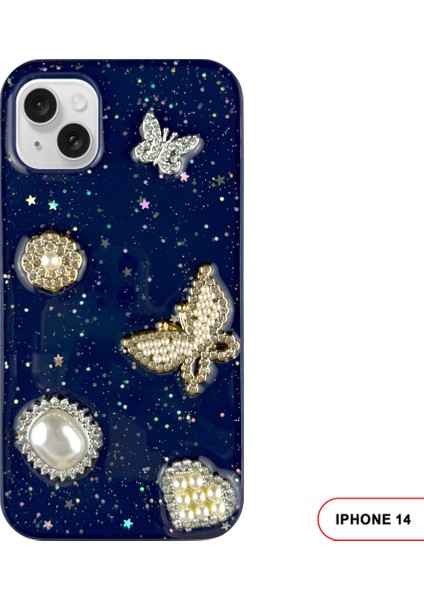 iPhone 14 Uyumlu Kelebekli Taşlı Simli Kalpli Wish Silikon Telefon Kılıfı