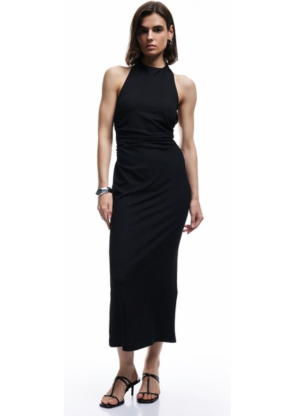 Bürümcük Kumaş Sırt Dekolteli Büzgülü Halter Yaka Midi Elbise fiyatları