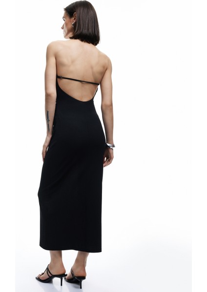 Bürümcük Kumaş Sırt Dekolteli Büzgülü Halter Yaka Midi Elbise modelleri