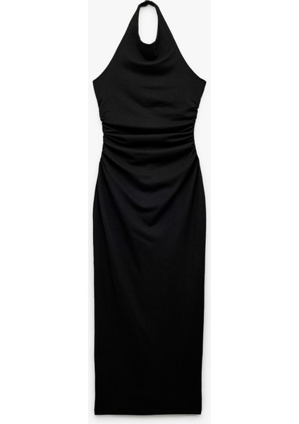 Bürümcük Kumaş Sırt Dekolteli Büzgülü Halter Yaka Midi Elbise fırsatları