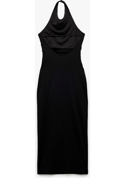 Bürümcük Kumaş Sırt Dekolteli Büzgülü Halter Yaka Midi Elbise indirimleri