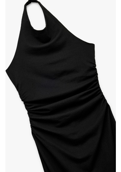 Bürümcük Kumaş Sırt Dekolteli Büzgülü Halter Yaka Midi Elbise