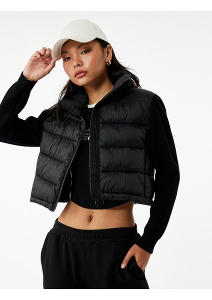 Dik Yaka Fermuarlı Uzun Kollu Cepli Slim Fit Şişme Mont