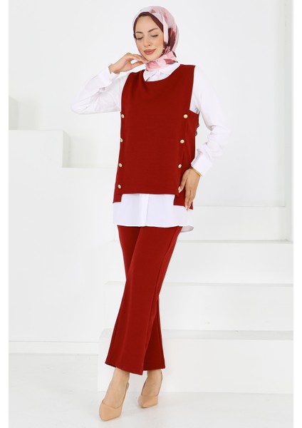 Düğme Detaylı Bordo Süveter Tesettür Pantolon Takım -27613
