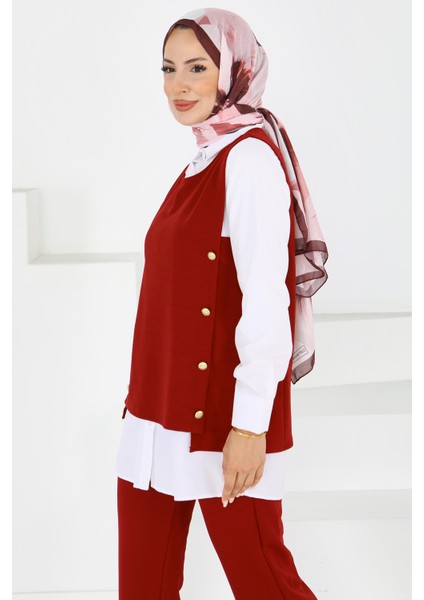 Düğme Detaylı Bordo Süveter Tesettür Pantolon Takım -27613 fiyatları