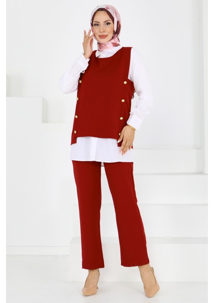 Düğme Detaylı Bordo Süveter Tesettür Pantolon Takım -27613 modelleri