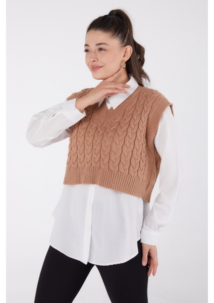 V Yaka Crop Vizon Kadın Süveter - 27646 fiyatları
