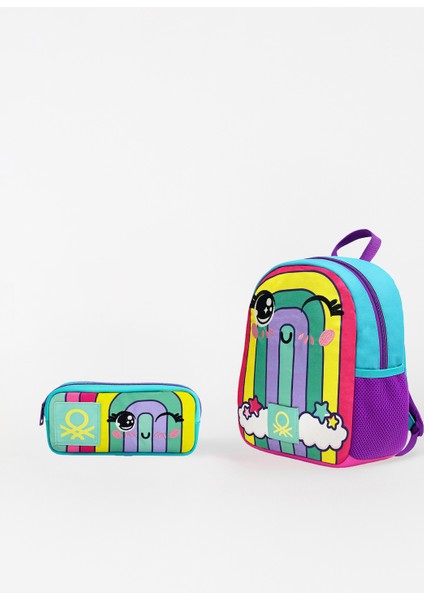 Gökkuşağı Desenli İkili Anaokul Çantası Seti(Anaokul Sırt Çantası, Çift Gözlü Kalem Kutusu)