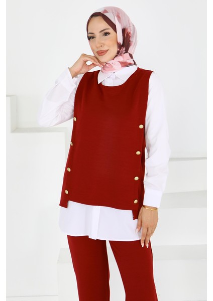 Düğme Detaylı Bordo Süveter Tesettür Pantolon Takım -27613 fırsatları