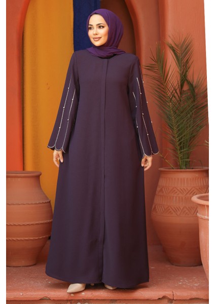 Kolları Işlemeli Mürdüm Tesettür Abaya 2634MU