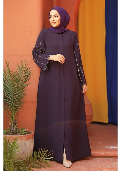 Kolları Işlemeli Mürdüm Tesettür Abaya 2634MU fiyatları