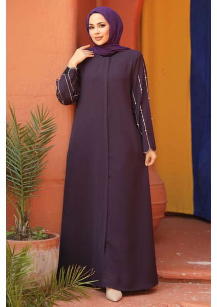 Kolları Işlemeli Mürdüm Tesettür Abaya 2634MU modelleri