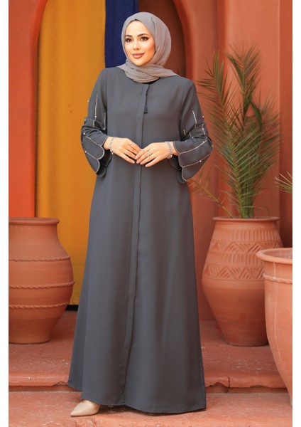Kolları Işlemeli Füme Tesettür Abaya 2634FU