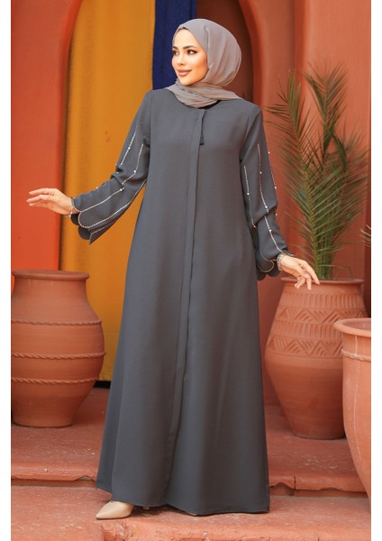 Kolları Işlemeli Füme Tesettür Abaya 2634FU fiyatları