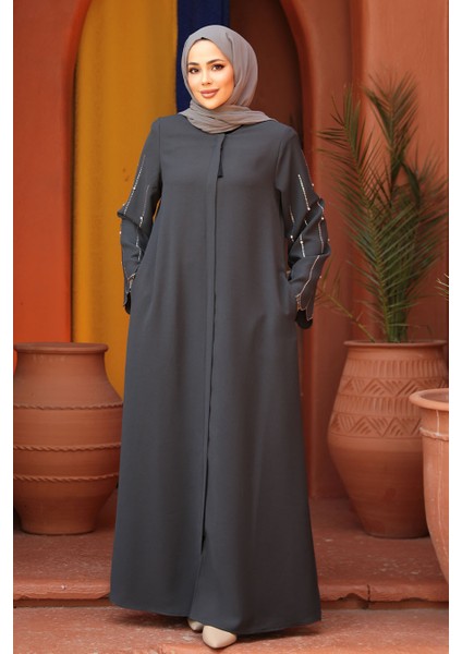 Kolları Işlemeli Füme Tesettür Abaya 2634FU modelleri
