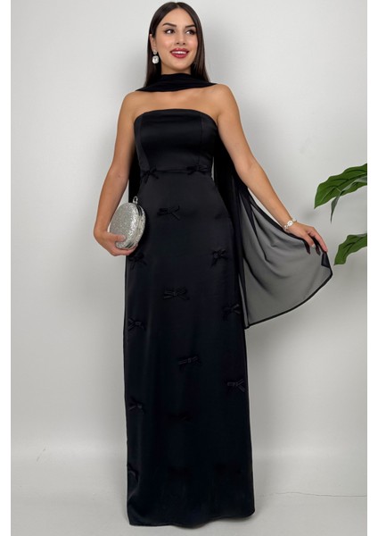 Lilina Straplez Fiyonk Detaylı Şal Aksesuarlı Uzun Siyah Abiye Elbise