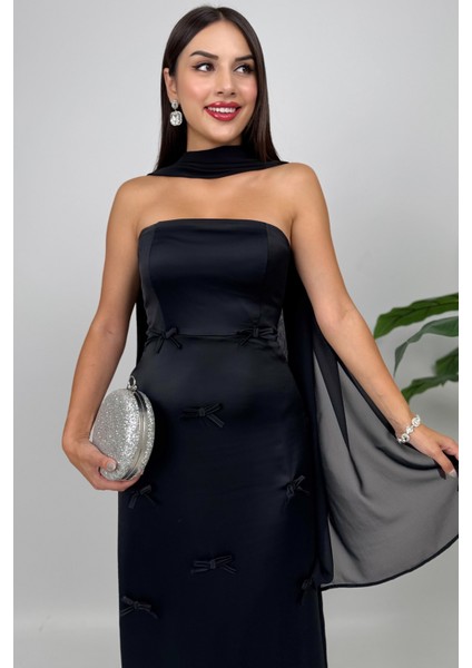 Lilina Straplez Fiyonk Detaylı Şal Aksesuarlı Uzun Siyah Abiye Elbise fiyatları