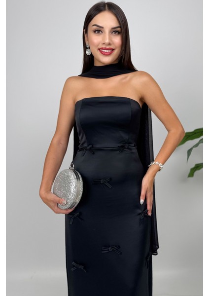 Lilina Straplez Fiyonk Detaylı Şal Aksesuarlı Uzun Siyah Abiye Elbise modelleri