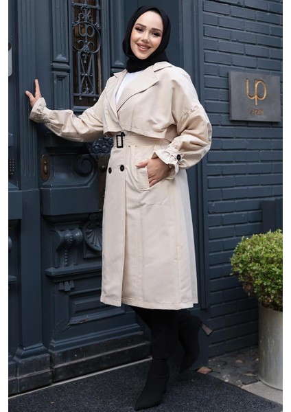 Kemerli Bej Tesettür Trençkot 26421BEJ fiyatları