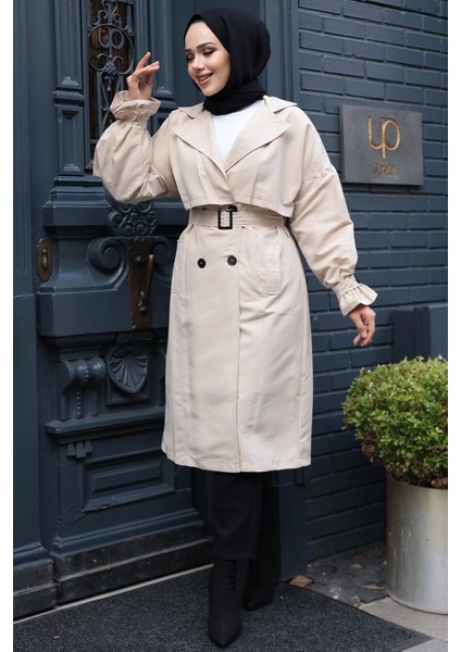Kemerli Bej Tesettür Trençkot 26421BEJ modelleri