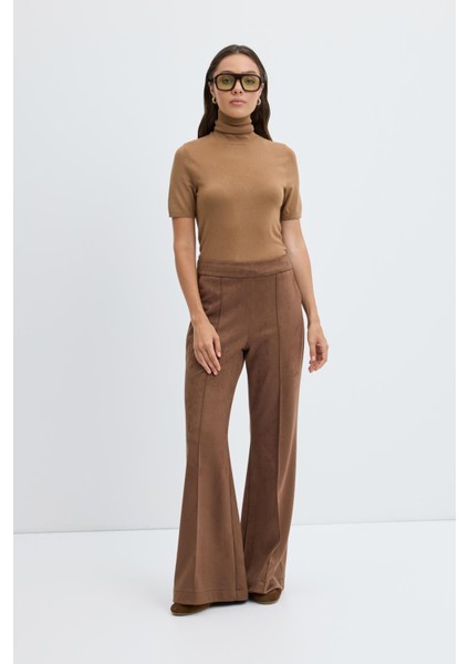 Fit Kesim Nervür Dikişli Süet Pantolon Kahve