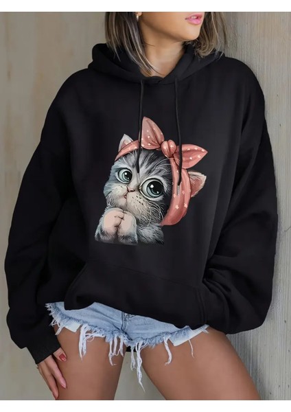 Kadın Sevimli Kedi Baskılı Kapüşonlu Gri Siyah Sweatshirt Oversize Salaş