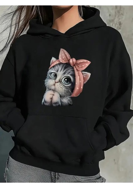 Kadın Sevimli Kedi Baskılı Kapüşonlu Gri Siyah Sweatshirt Oversize Salaş modelleri