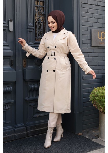 Tokalı Kemerli Bej Tesettür Trençkot 26412BEJ