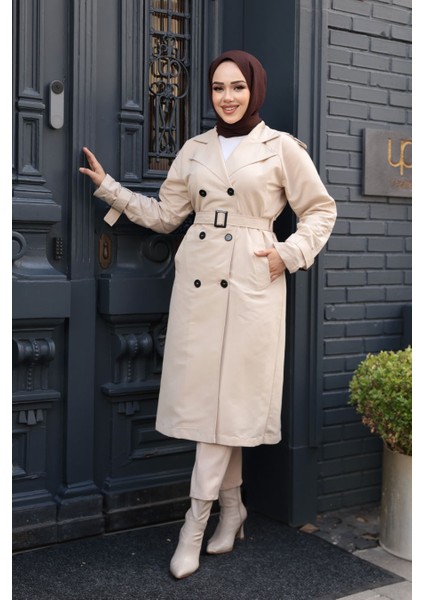 Tokalı Kemerli Bej Tesettür Trençkot 26412BEJ fiyatları