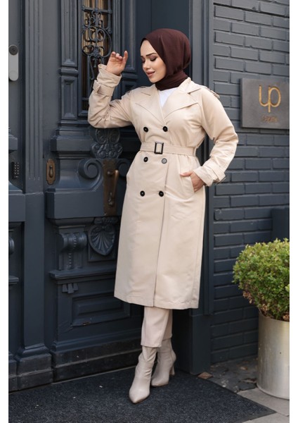 Tokalı Kemerli Bej Tesettür Trençkot 26412BEJ modelleri