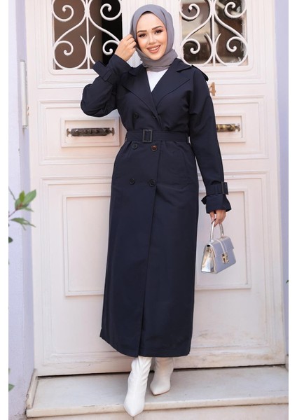 Tokalı Kemerli Lacivert Tesettür Trençkot 26413L