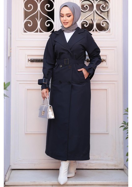Tokalı Kemerli Lacivert Tesettür Trençkot 26413L fiyatları