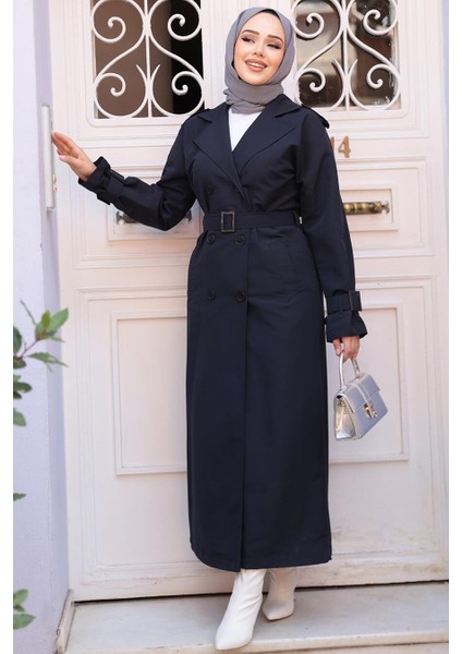 Tokalı Kemerli Lacivert Tesettür Trençkot 26413L modelleri