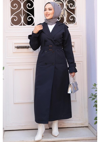 Tokalı Kemerli Lacivert Tesettür Trençkot 26413L fırsatları