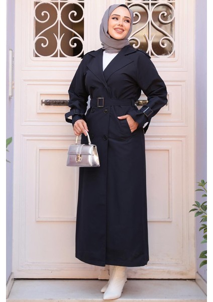 Tokalı Kemerli Lacivert Tesettür Trençkot 26413L indirimleri