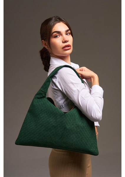 Yeşil Süet Deri Örgü Detaylı Omuz Çanta