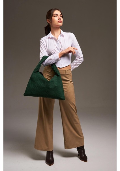 Yeşil Süet Deri Örgü Detaylı Omuz Çanta fiyatları