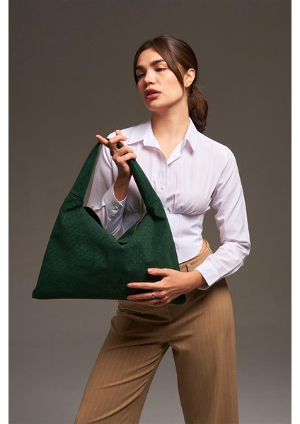 Yeşil Süet Deri Örgü Detaylı Omuz Çanta modelleri