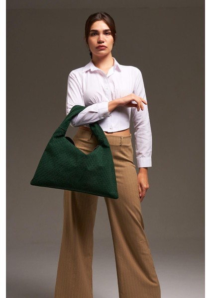 Yeşil Süet Deri Örgü Detaylı Omuz Çanta fırsatları