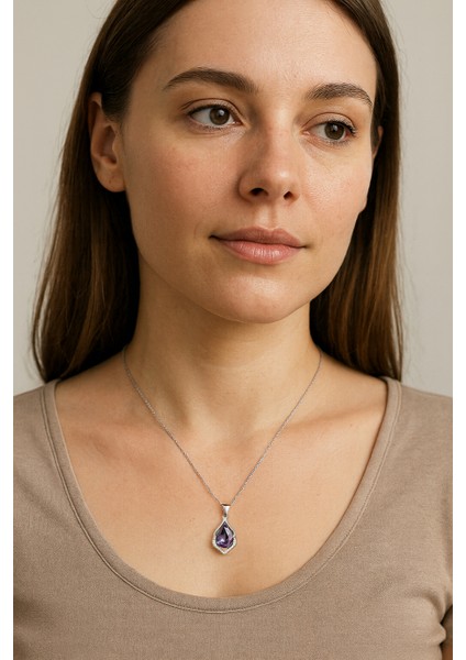 Gümüş Ametist Taşlı Su Damlası Kadın Gümüş Kolye fiyatları