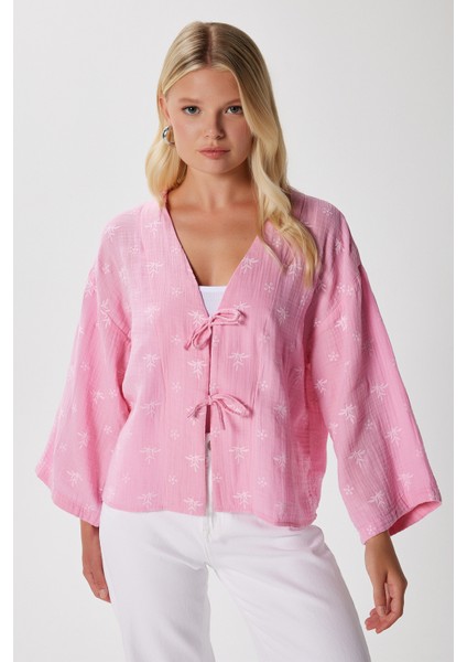 Kadin Flora Müslin Kabartma Dokulu Pembe Kimono