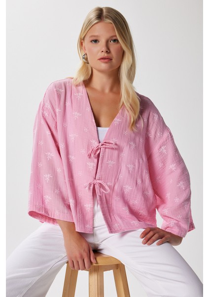 Kadin Flora Müslin Kabartma Dokulu Pembe Kimono modelleri