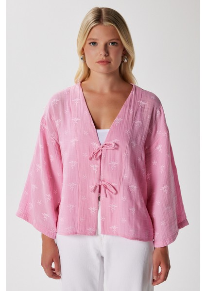 Kadin Flora Müslin Kabartma Dokulu Pembe Kimono fırsatları
