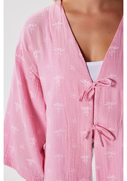 Kadin Flora Müslin Kabartma Dokulu Pembe Kimono indirimleri