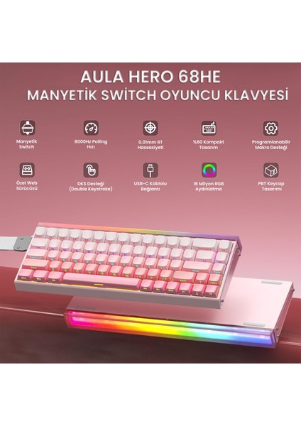 HERO 68 He Manyetik Klavye Rapid Trigger Black King Switch 8000Hz Rgb Neon Tkl Hot Swap Oyuncu Klavyesi Pembe fiyatları