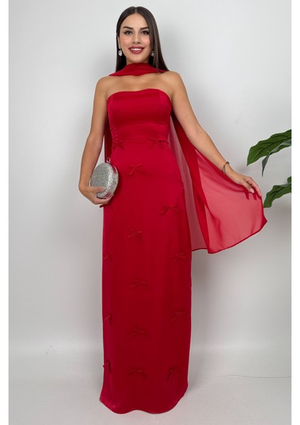 Lilina Straplez Fiyonk Detaylı Şal Aksesuarlı Uzun Kırmızı Abiye Elbise