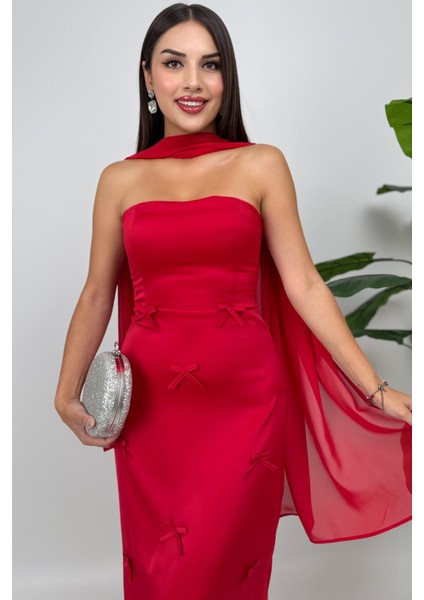 Lilina Straplez Fiyonk Detaylı Şal Aksesuarlı Uzun Kırmızı Abiye Elbise fiyatları