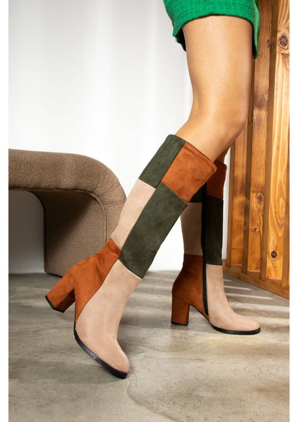 Günlük Kadın Dizaltı Çizme Süet Kalın Yüksek Kalın Topuklu Tırtıklı Taban Fermuarlı Rahat 700